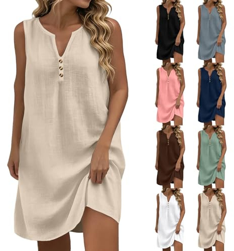 Womens Summer Dresses Sleeveless V Neck Beach Dress UK Casual Midi Dress Elegant A-Line Bohemian Dresses Cotton Linen Beach Sundress with Buttons