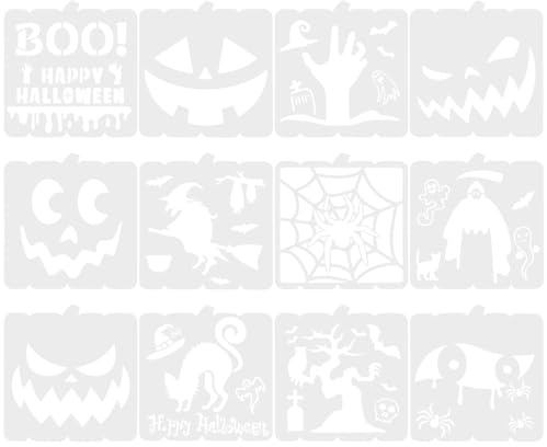 ibasenice 12 Pièces Pochoirs Faciles à Utiliser Réutilisables en Pet Halloween Formes Citrouille, Fantôme et Sorcière pour Peinture sur Toile et Bois pour Projets Artistiques et Activités