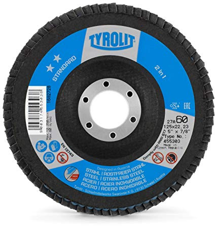 Tyrolit 455303 Fächerschleifscheibe, Standard, Durchmesser 125 mm, 60 Stahl/Inox (10-er Pack), blue/black, 125mm