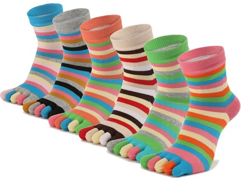 Toe Socks Women Five Toes Wicking 5 Finger Cotton Athletic Striped Crew 6 Pack