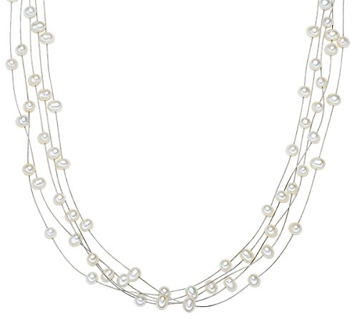 Valero Pearls Damen Perlenkette Mehrreihig Süßwasser-Zuchtperlen in ca. 4 mm oval weiß 925 Sterling Silber 50 cm - Perlenkette mit echten Perlen