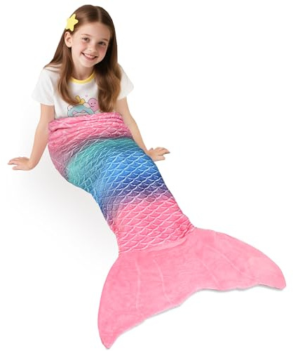 Catalonia Classy Mermaid Tail Blanket, Soft Warm Plush Fleece Sleeping Bag Snuggle Blanket for Teens, Fish Scale Pattern, Pink Rainbow Ombre, 155 x 50 cm