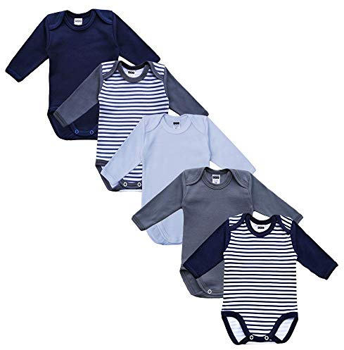 MEA BABY Unisex Langarm Body aus 100% Baumwolle im 5er Pack, Mit Aufdruck für Mädchen und Jungen (56, Jungen 2)