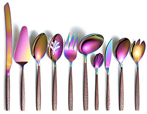 Berglander Juego de cubiertos para servir 10 piezas con mango de superficie lunar y cabeza de arcoíris brillante chapado en titanio acero inoxidable coloridas cuberteria cucharas utensilios
