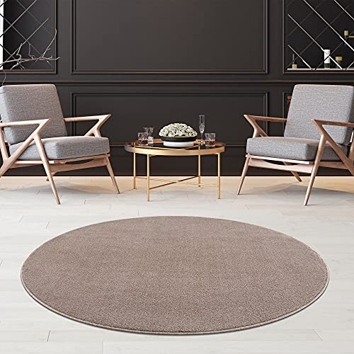 Fashion4Home Teppich Wohnzimmer – Einfarbig, Uni Teppich fürs Kinderzimmer, Schlafzimmer, Arbeitszimmer, Büro, Flur und Küche - Kurzflor, Beige, Größe: 200 cm Rund