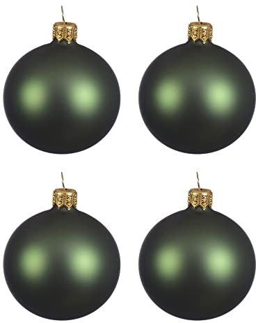 Kaemingk Weihnachtskugeln Glas mundgeblasen 10cm x 4er Box Christbaumkugeln piniengrün dunkelgrün matt