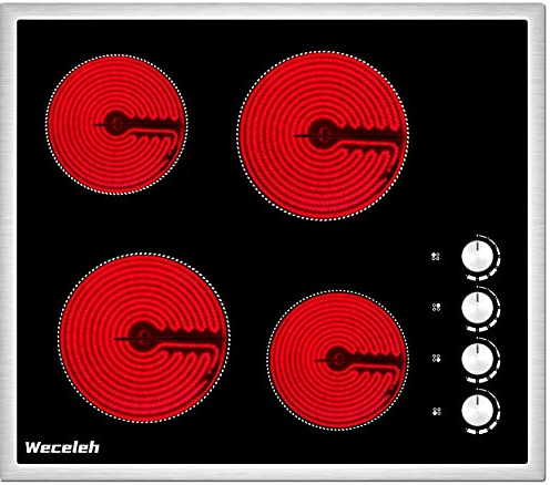 Weceleh Keramikkochfeld Autark 60 cm, Glaskeramikkochfeld 4 Platten Einbau, Herdplatte 4 Kochfelder, Kochplatte 220v 4 Zonen, Edelstahlrahmen, Knöpfen