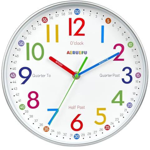AIRUIFU Reloj de Pared de Colores para niños Analógico silencioso 25cm Reloj de Cuarzo para habitación Infantil Aprender a Ver la Hora Sala de Estar Habitación Infantil Escuela