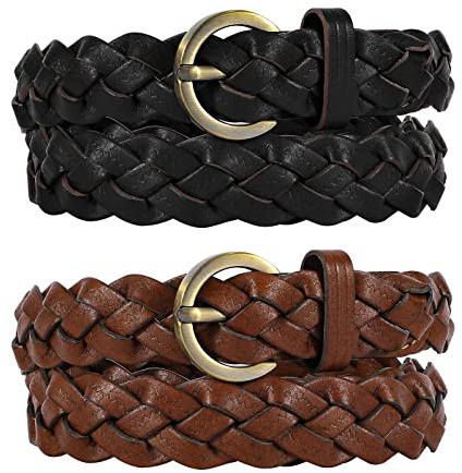 XZQTIVE 2 Pack Women's Braided Leather Belts Casual 0.9 Skinny Woven Belt for Jean Pant
