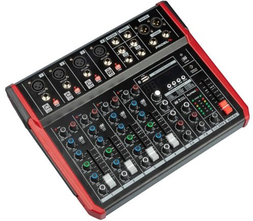 PROEL Proel PLAYMIX8 - Mixer audio a 8 ingressi con modulo bluetooth, lettore MP3 e Registrazione stereo su USB, Nero rifiniture in Rosso