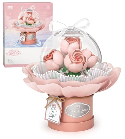 MEIEST Blumenstrauß-Baustein-Set, künstliche Blume mit staubdichter Kuppel für Valentinstag, Bonsai-Pflanze, Bausteine, Spielzeug und Heimdekoration (rosa Rose)
