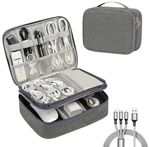 OdiuK Kabeltasche, 3 Layer Elektronische Tasche Mit Datenkabel Kabel Organizer Tasche, Reise Wasserdicht Kabelorganizer Elektronik Zubehör Tasche für Adapter Maus SD Karten Festplatten(Grau)