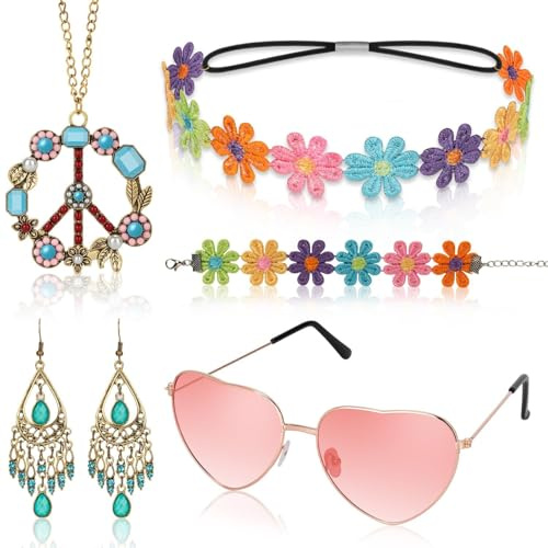 Alintor 5 Stück Hippie Kostüm Damen Accessoires, Flower Power Zubehör für 70er Jahre Bekleidung, Peace Kette, hippie Brille, Kleidung Damen