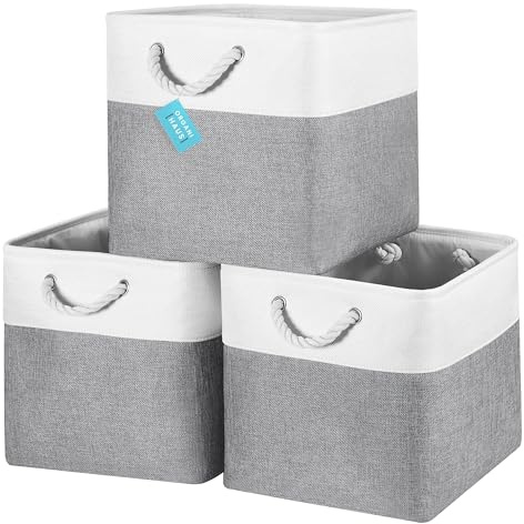 OrganiHaus Fabric Storage Boxes, Set of 3 Foldable 33X33 Cube Organiser Bins with Rope Handles for Shelves, Nursery & Closet, Collapsible Storage Baskets for Toys, Clothes & More - Grey/Off-White