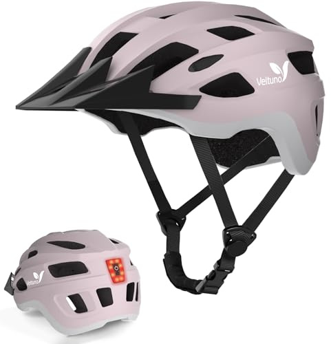 Veltuno Bike Helmet for Adults, Lightweight Mountain Bicycle Helmet with USB Rechargeable LED Rear Light, Removable Sun Visor for Women, Men, Suitable for Cycling and Commuting (Pink, Large)