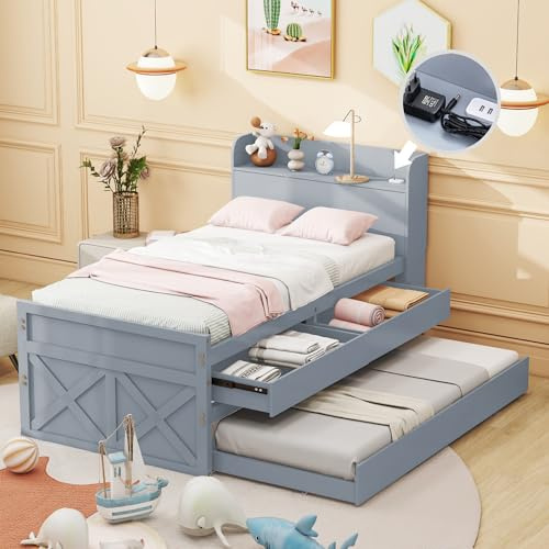 Moimhear Cama individual de madera maciza de pino, 90 x 190 cm, multifuncional, con cajón extraíble, somier de láminas, mesita de noche con estantes con conector USB, cama juvenil, cama de invitados