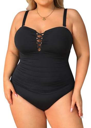 Yonique Plus Size Strapless One Piece Swimsuit for Women Tummy Control Bathing Suit Bandeau Swimwear, Black, 18 Plus