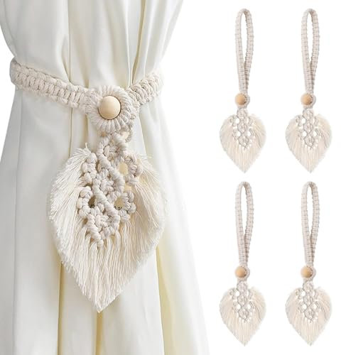 ANBOWEI Boho Vorhang Raffhalter, 4 Stück Gardinenhalter Raffhalter Makramee Blätter Vorhanghalter Baumwolle Vorhang Binder Seil für Gardinen Dekoration von Wohnzimmer,Büro,Schlafzimmer