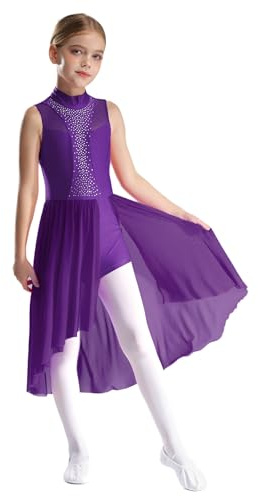 TTAO Kinder Mädchen Ballettkleid Ärmellos Chiffon Body Mit Asymmetrisch Tutu Rock Tanzkleid Trikot Gymnastikanzug Lyrical Modern Eiskunstlauf Dancewear Tanzkostüm Violett 134-140