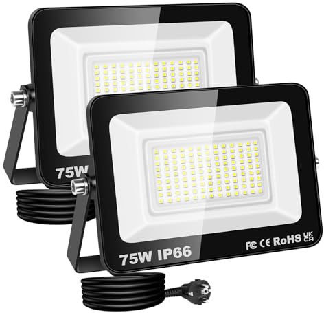 RIGIDON Led utomhusstrålkastare, 2x 75W 7500LM strålkastare med stickpropp, nätdriven säkerhetsbelysning, uteplats för garagegård, uteplats, vattentät verkstad arbetsplats Arbetslampa, 6000K kallvit