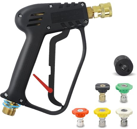 Xynovia 4 000 PSI högtryckstvättpistol (M22 14 mm). Stubby svängbar biltvättspistol med snabbfrigöring, Jet Wash Gun kompatibel med Nilfisk/Bosh innehåller 5 munstyckstips och 1/4 tum snabbanslutning