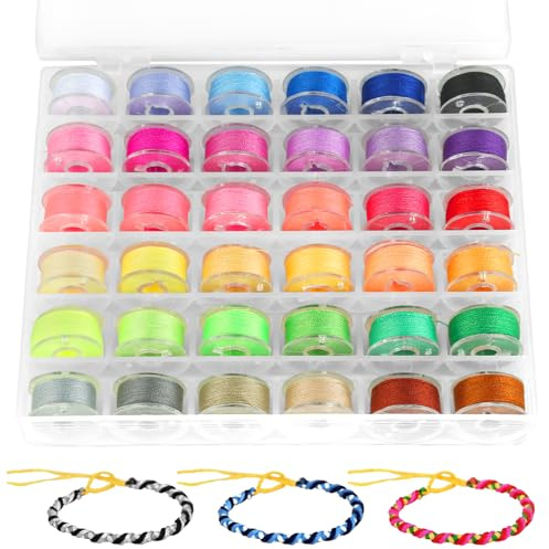 jwogngls 36 rullar vaxad snöre, 36 färger polyestertråd, 0,55 mm x 10 m garn med låda, vaxat bomullssnöre för att knyta armband, handsömnad, maskinsömnad