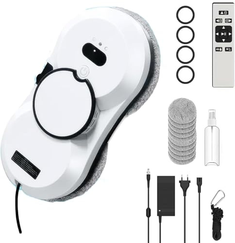 QIAKEFE Robot Nettoyeur Vitre,5600PA Robot Laveur de Vitre Automatique avec Double Jet d'eau,Navigation Intelligente,Système de Sécurité,3 Modes de Nettoyage,10 Chiffons et Télécommande (A)