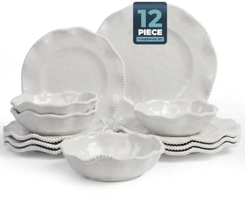 Melamine Dinnerware Sets Service for 4, Cream Plates and Bowls Set with Beaded Edge, BPA Free Dishwasher Safe, Heavy Duty Shatterproof Unbreakable Tableware for Wedding Party Camping Outdoor