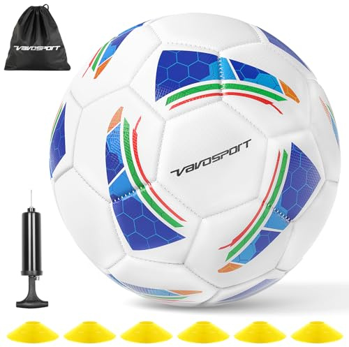 VAVOSPORT Soccer Ball Set – Official Size 3, 4, 5 Soccer Balls with Pump & 6 Cones, Waterproof TPU Leather Soccer Training Equipment for Kids, Youth & Adults, Gifts for Sports Play and Outdoor Games
