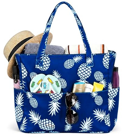 dellyy Sac de Plage Femme XXL Grand Sac de Plage, Imperméable et Résistant au Sable, Fermeture Éclair, Grande Capacité, Multiples Poches, pour Bord de Mer, Vacances et Cabas de bord de mer