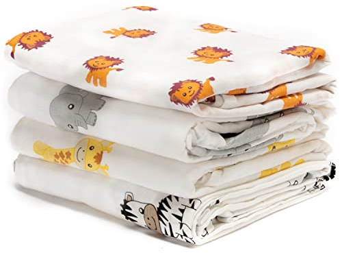 CuddleBug „Safari und Freunde“ 4 Stück 120 cm x 120 cm Lange Baby Decke für Babys | 5 Farbkollektionen | Musselin Decke | Babydecke Mädchen oder Jungen | Babydecke Baumwolle