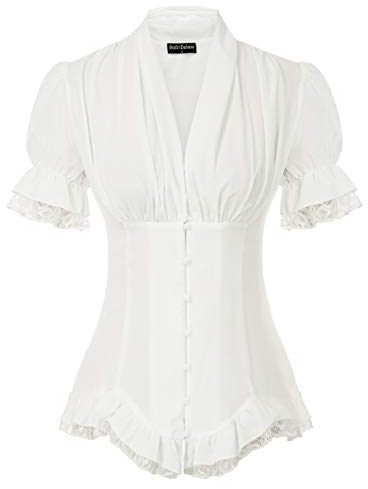 SCARLET DARKNESS Gothic Rüschenbluse Damen Kurzarm V-Ausschnitt mit Rüschen Schnürrücken Trachtenbluse L Weiß