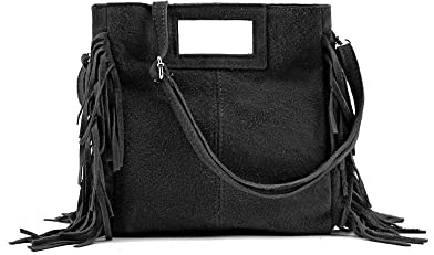 Modelisa - Sac à main avec bandoulière et franges en cuir fabriqué en Italie pour femme, Noir , Taille unique
