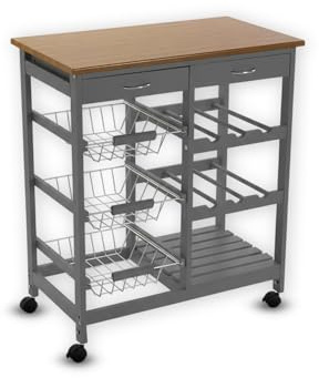 FEFE® Kitchen Trolley MDF Top Island Dining Cart Worktop Basket Storage Lockable Wheels Rolling Kitchen Portable Island Kitchen Trolley with Drawers and Open Shelf, Grey