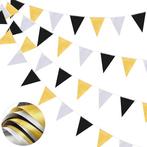 66ft Bunting Banner, 52pcs wasserdichtes Polyester Stoff Dreieck Flaggen Wiederverwendbare Pennant Bunting Schwarz Gold Silber Pennant Banner für Party Banner Party Dekorationen