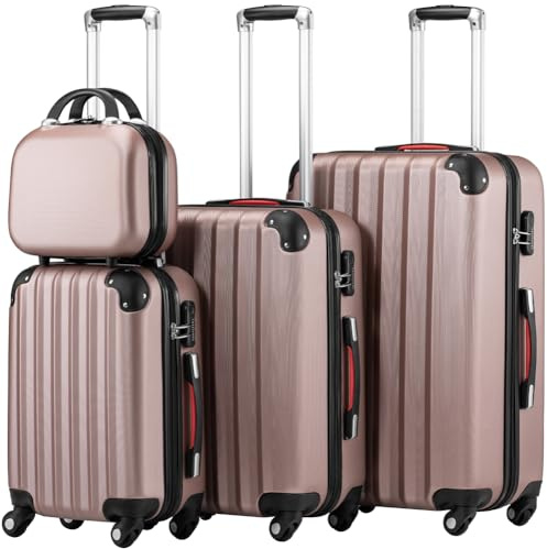 PROVITERA Set 3 Valigie Rigide in ABS, Valigia M-L-XL e Beauty Case, Manico Telescopico e Ruote Easy Roll, Lucchetto Serratura a Codice, Trolley Resistenti da Viaggio, Bagaglio a Mano (3 + 1 Rosa)