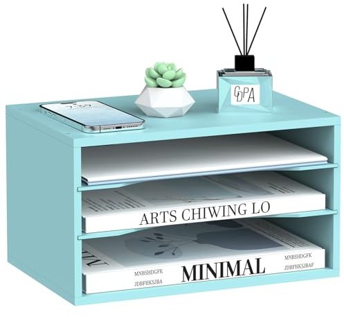 SUPEASY Wood Desk Organizer, 3 Tier Paper File Organizer for Desk, Wooden Desktop Organizer, Paper Letter Literature Mail Sorter, for Office School & Home Organization, Blue