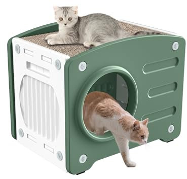 FIVMEN Katzenhaus Outdoor Katzenhöhle Katzenhütte mit Kratzbretter Katze Winterfest Wasserdicht Draußen Kunststoff Katzenhäuschen Grün+Weiß,55,3x40,5x46 cm