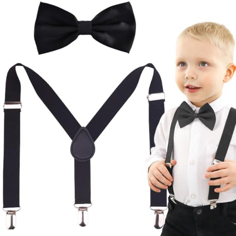Enfant bretelles + noeud papillon Set garçons filles, Bretelles pour Enfants Nœud Papillon， taille du corps 135cm - 165 cm, noir