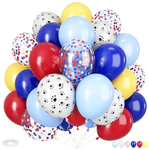 Dog Paw Balloons, 12 Inch Dog Paw Print Balloons, Royal Blue and Red Yellow Balloon, Red and Blue Confetti Balloons for Baby Girls Boys Puppy Theme Birthday Party Decorations