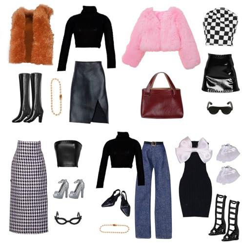 Carreuty 17 Piezas Ropa Compatibles con Barbie Muñecas, Felpa Chalecos Conjunto de Abrigo de Felpa Trajes Lazos Vestido Largo con Nudo Vestido Conjunto con 7 Zapatos 5 Accesorios Regalo