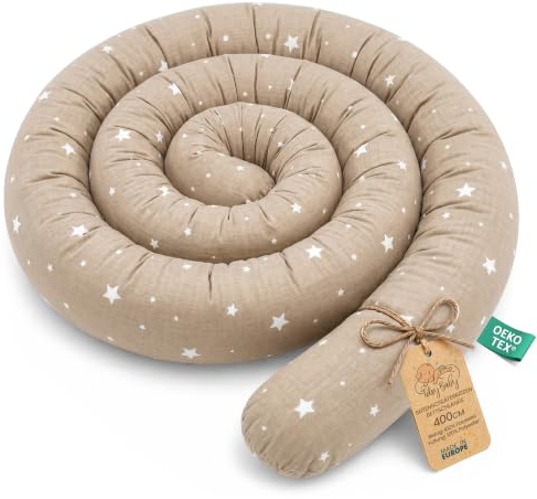 Totsy Baby Cojín Serpiente XXL Almohada de Cama Cojín de Lactancia Rollo de Cama Protector de Borde de Cama Cojín Decorativo Alrededor de Cama Serpiente XL Beige con Estrellas Blancas 400 cm Oeko-Tex