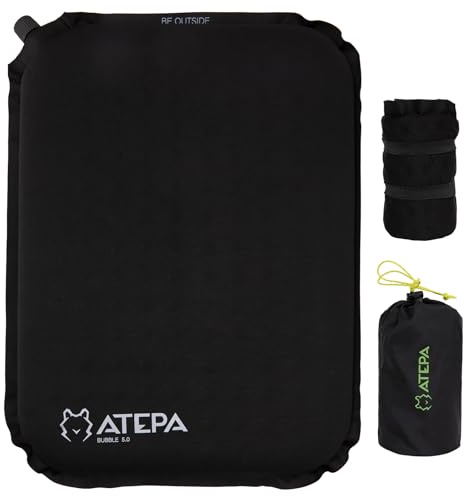 ATEPA Cojín de Asiento Inflable para Estadio, Autoinflable Ultraligero Portátil y Compacto, Resistente al Agua, para Partidos de Fútbol, Avión, Viajes, Camping, Senderismo, Conciertos u Oficina, Negro