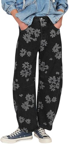 loveimgs Jeans da Donna Y2k invecchiati a Botte Larghi Jeans a Gamba Larga con Stampa Floreale Boyfriend Patchwork Denim Pantaloni, Nero, XL