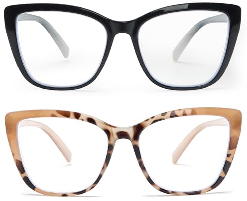 KoKoBin 2 Pack Oversize Occhiali da lettura da donna Moda Anti luce blu Occhiali per computer (2 Pack（Nero, caffè leopardo）, 3.5, Diottria)