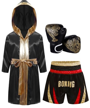 Moggemol Kids Boys Girls 3Pcs Boxing Suit Satin Belted Hooded Robes with Boxer Shorts Tiger Printed Gloves Set Red&Gold 11-12 Years