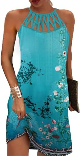 GRMLRPT Klänning för dam sommar ärmlös bohemisk sommar kort klänning etnisk stil elegant retrotryck klänningar grimma krage fritid klänning dam strandklänningar dam (flerfärgad-1, S-XXL), Blå-3, M