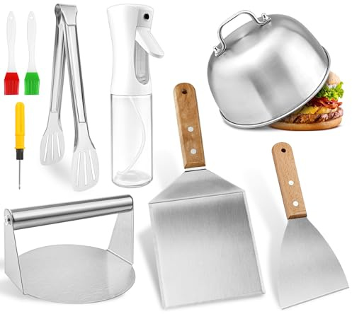 cersaty Set di 9 spatole per hamburger, manici in legno, in acciaio inox, per pressa hamburger, teppanyaki, barbecue, bistecca, pizza, hamburger grill