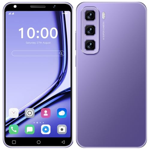 JtQtJ Cheap Mobile Phones, 5.0'' HD, 16GB ROM/Up to 128GB, Dual SIM, Dual Cameras, Supporto WiFi, GPS, Bluetooth, Face ID, Android Phone (Viola)