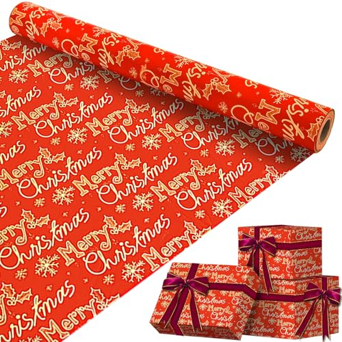Rotolo di carta da regalo natalizia, rotolo di carta kraft rossa per bambini e adulti, confezione regalo per Natale, compleanno, 43 cm x 10 m, 2,2 × 3 m nastro con bordo in oro (A) (b)